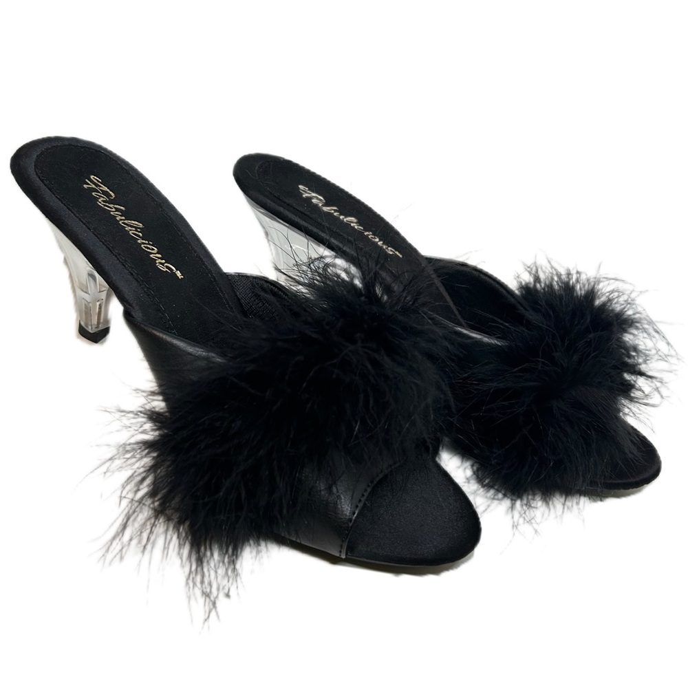 Fabulicious Black faux fur/feathered slippers with a 2.5" kitten heel